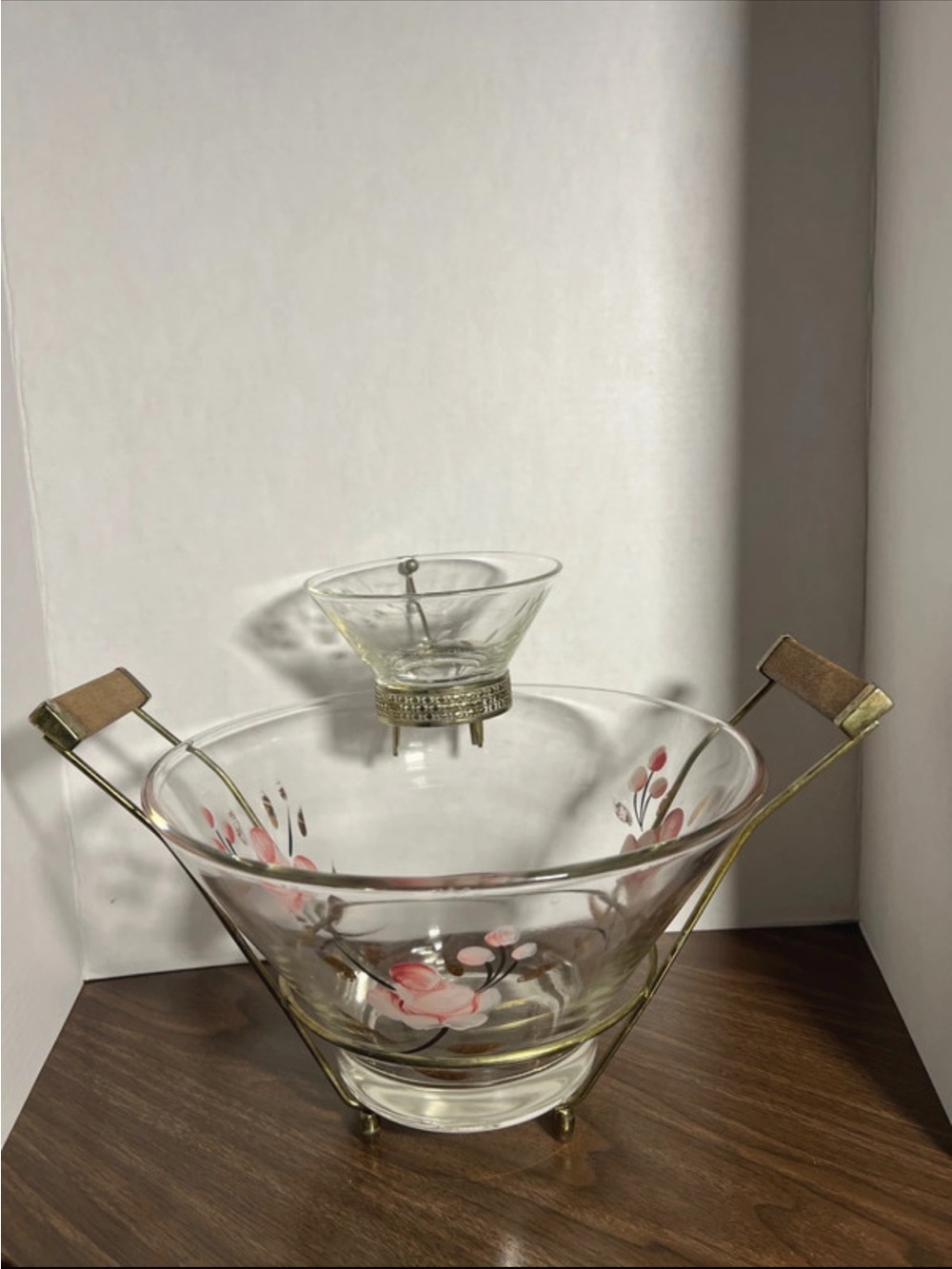 Vintage Floral Glass Chips and dip Bowls with Brass Stand